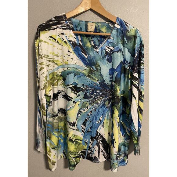 Jess & Jane Tops - Jess & Jane Womens Top 2X Colorful Abstract Print Semi Sheer Rhinestone Artsy